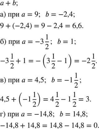 ����������� ������� �������� ��������� a + b ���:�) a = 9, b = -2,4;�) a = -3 1/2, b = 1; �) � = 4,5, b = -1 1/2;�) � = -14,8, b =...