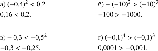 Изображение Сравните:  а) (-0,4)2 и 0,2;  б) -(-10)2 и (-10)3;  в) -0,3 и -0,5^2;  г) (-0,1)4 и...