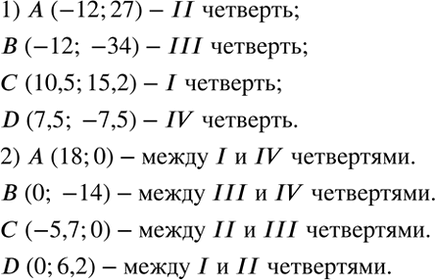 Изображение 1) Не выполняя построения, определите, в какой координатной четверти находится точка: A(-12; 27),...