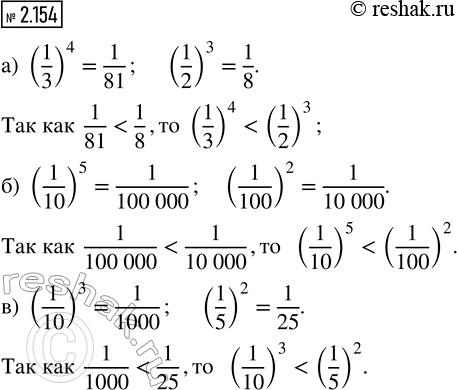 Изображение 2.154. Какое из чисел больше:  а) (1/3)^4 или (1/2)^3;   б) (1/10)^5 или (1/100)^2;   в) (1/10)^3 или...