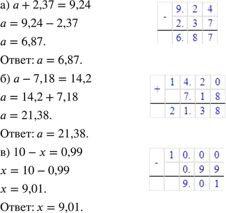 ����������� ������� ����������� �����:�) a + 2,37 = 9,24; �) a - 7,18 = 14,2; �) 10 - x =...