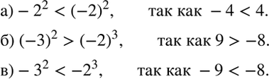 Изображение Какое из чисел больше:  а) -2^2 или (-2)2;   б) (-3)2 или (-2)3;   в) -З^2 или...