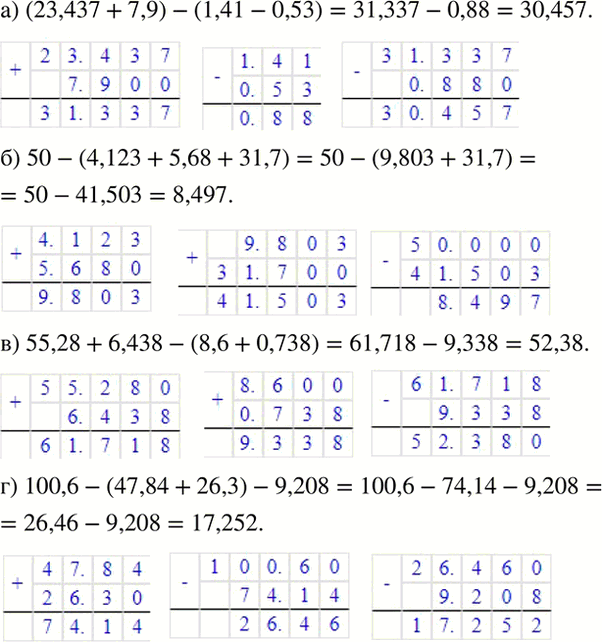 Изображение Выполните действия:  а) (23,437 + 7,9) - (1,41 - 0,53);   б) 50 - (4,123 + 5,68 + 31,7);   в) 55,28 + 6,438 - (8,6 + 0,738);  г) 100,6 - (47,84 + 26,3) -...