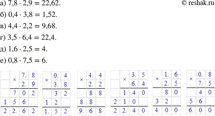 ����������� ��������� �� �������. ��������� ���������:�) 7,8 * 2,9; �) 0,4 * 3,8; �) 4,4 * 2,2; �) 3,5 * 6,4; �) 1,6 * 2,5;�) 0,8 *...