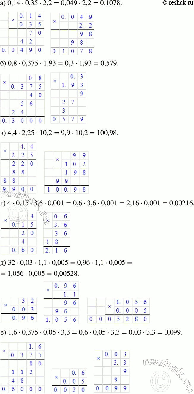 Изображение Выполните действия:  а) 0,14 * 0,35 * 2,2;    б) 0,8 * 0,375 * 1,93;   в) 4,4 * 2,25 * 10,2;  г) 4 * 0,15 * 3,6 * 0,001;   д) 32 * 0,03 * 1,1 *...