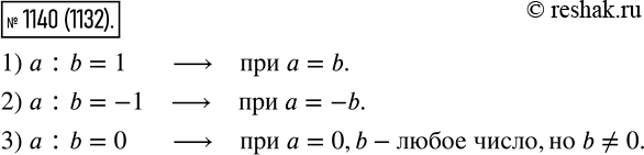 Изображение 1140. При каких значениях а и b верно равенство:1) а:b=1;	2 )а:b =- 1;	3) а : b =...