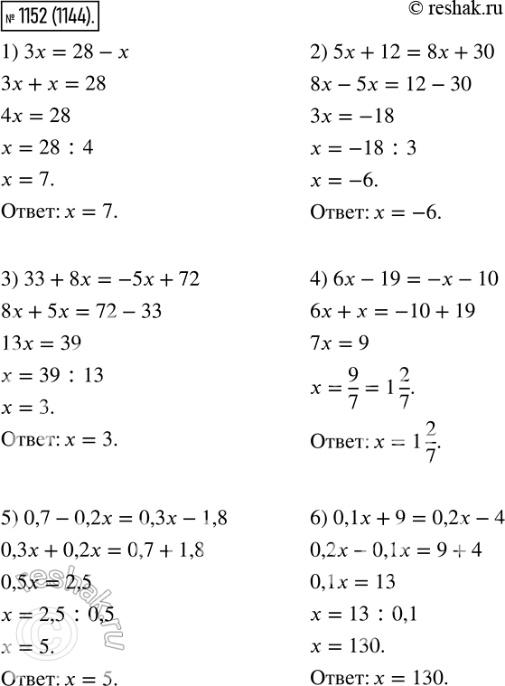 Изображение 1152 Чему равен корень уравнения:1) 3х = 28 - х;	2) 5х + 12 = 8x + 30;	3) 33 + 8х = -5х + 72;	4) 6х - 19 = -x - 10;5) 0,7 - 0,2х = 0,3x - 1,8;6) 0,1x + 9 =...