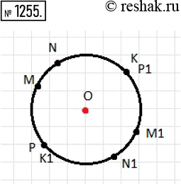 Изображение 1255. Постройте точки, симметричные точкам M, N, К, Р окружности (рис. 149) относительно её центра...