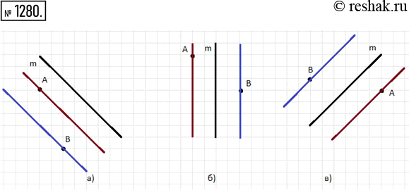 Изображение 1280. Перерисуйте в тетрадь рисунок 173. Проведите через каждую из точек А и В прямую, параллельную прямой...