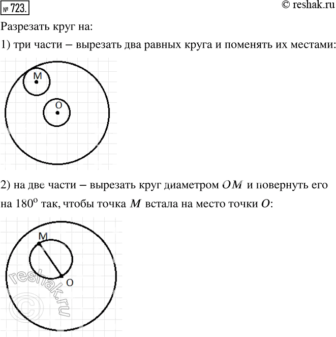 Изображение 723. В круге с центром О отметили точку М. Как разрезать этот круг: 1) на три части; 2) на две части — так. чтобы из них можно было составить новый круг, в котором...