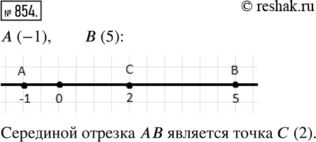 Изображение 854. Начертите координатную прямую и отметьте на ней точки А (-1) и В (5). Найдите на прямой точку, которая является серединой отрезка АВ. и определите её...