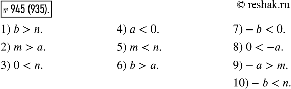 Изображение 945 На координатной прямой отметили числа а, b, m и n (рис. 96). Сравните:1) b и n;	2) m и а;	3) 0 и n;	4) а и 0;	5) m и n;	6) b и а;7) -b и	0;8) 0 и...