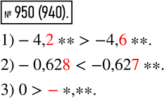 Изображение 950. В записи чисел стёрли несколько цифр и вместо них поставили звёздочки. Сравните эти числа:1) -4,2** и -4,6**;	2) -0,628 и -0,627**;5) 0 и...