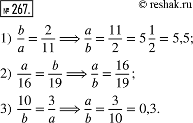 Изображение 267. Найдите отношение a к b, если:1) b/a = 2/11;    2) a/16 = b/19;    3) 10/b =...