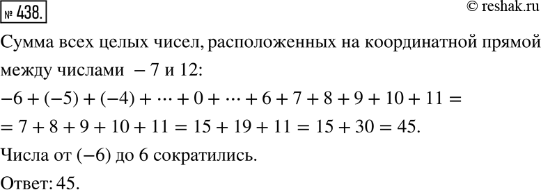 Изображение 438. Найдите сумму всех целых чисел, расположенных на координатной прямой между числами -7 и...