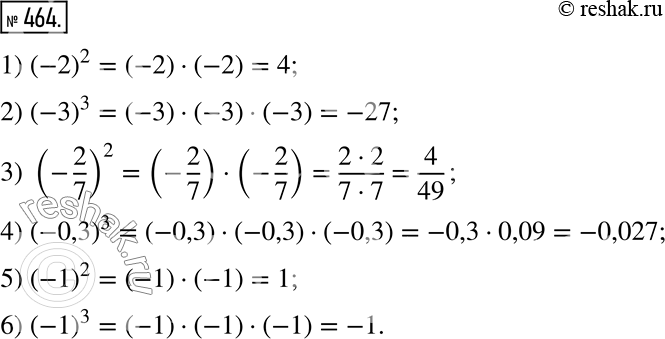  464. .1) (-2)^2;   3) (-2/7)^2 ;    5) (-1)^2; 2) (-3)^3;   4) (-0,3)^3;     6)...