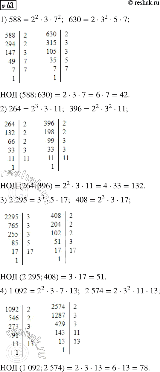 Изображение 63. Найдите наибольший общий делитель данных чисел, разложив их предварительно на простые множители:1) 588 и 630;	3) 2 295 и 408;2) 264 и 396;	4) 1 092 и 2...