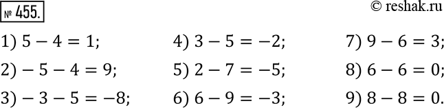 Изображение 455. С помощью координатной прямой найдите разность:1) 5-4; 2) -5-4; 3) -3-5; 4) 3-5; 5) 2-7; 6) 6-9; 7) 9-6; 8) 6-6; 9)...