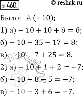 Изображение 460. После двух перемещений по координатной прямой координата точки A(-10) стала равной: 1) 8; 2) -7. Запишите числовое выражение, соответствующее какому-нибудь варианту...