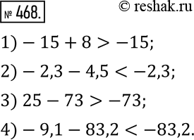 Изображение 468. Не выполняя вычислений, сравните:1)-15+8 и-15; 2)-2,3-4,5 и-2,3; 3) 25-73 и-73; 4)-9,1-83,2 и-83,2. ...