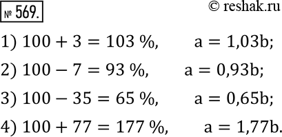 Изображение 569. Запишите соотношение между числами a и b, если известно, что:1) a на 3 % больше, чем b; 2) a на 7 % меньше, чем b; 3) a на 35 % меньше, чем b; 4) a на 77 %...