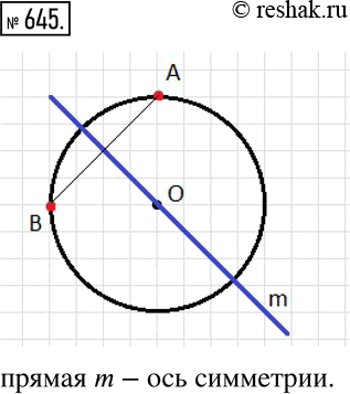 Изображение 645. Начертите окружность и отметьте на ней две точки A и B. Проведите ось симметрии окружности, которая является осью симметрии отрезка...