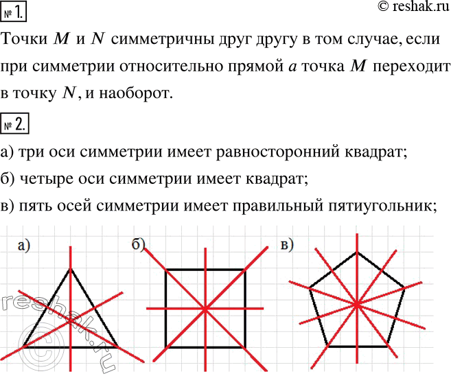 Изображение 1. В каком случае точки M и N симметричны друг другу относительно прямой a?2. Нарисуйте фигуры, которые имеют:а) 3 оси симметрии;б) 4 оси симметрии;в) 5 осей...