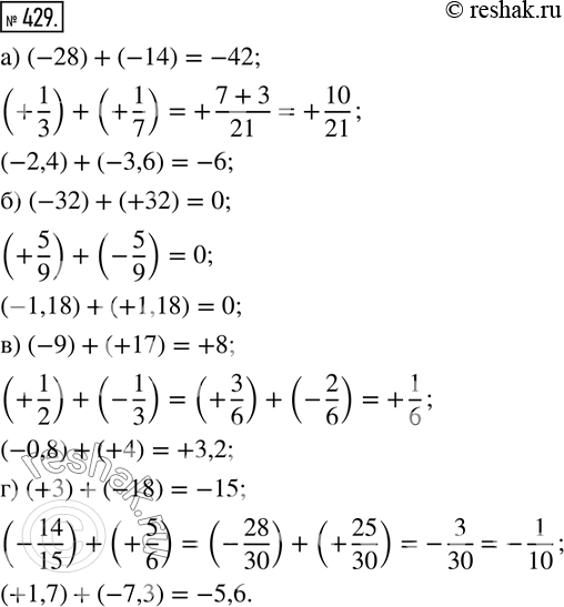  429.     ,  : ) (-28)+(-14); (+1/3)+(+1/7);   (-2,4)+(-3,6); ) (-32)+(+32); (+5/9)+(-5/9);   (-1,18)+(+1,18);...