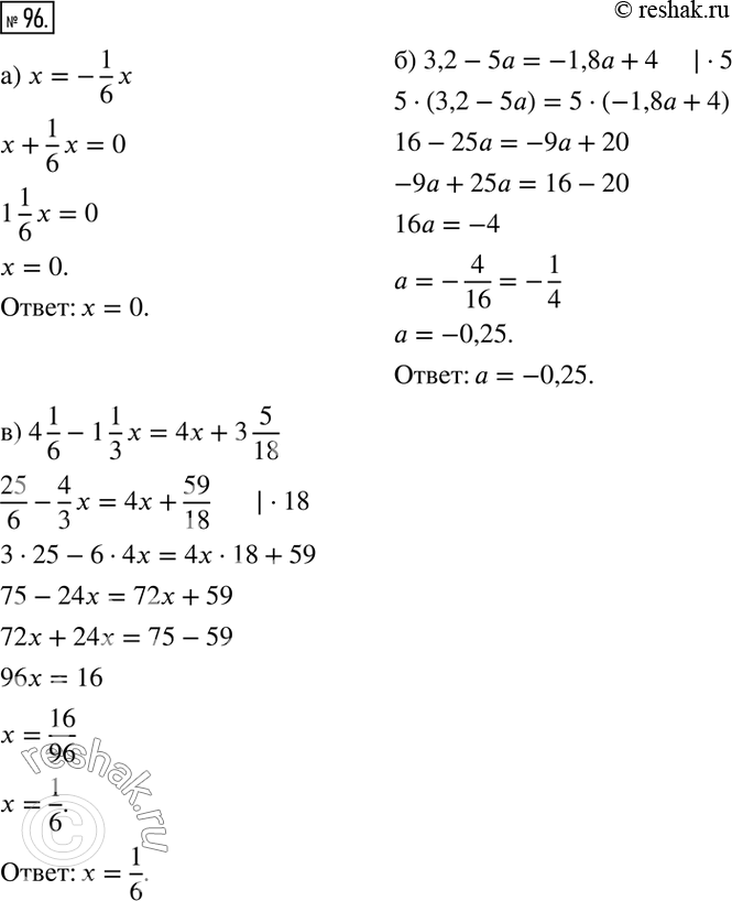  96.    :) x=-1/6 x; ) 3,2-5a=-1,8a+4; ) 4 1/6-1 1/3 x=4x+3 5/18; ) 0,3n-(2,6-0,9n)=1,2n+3; ) 1 5/7 (d+3)=-2(1-d); )...