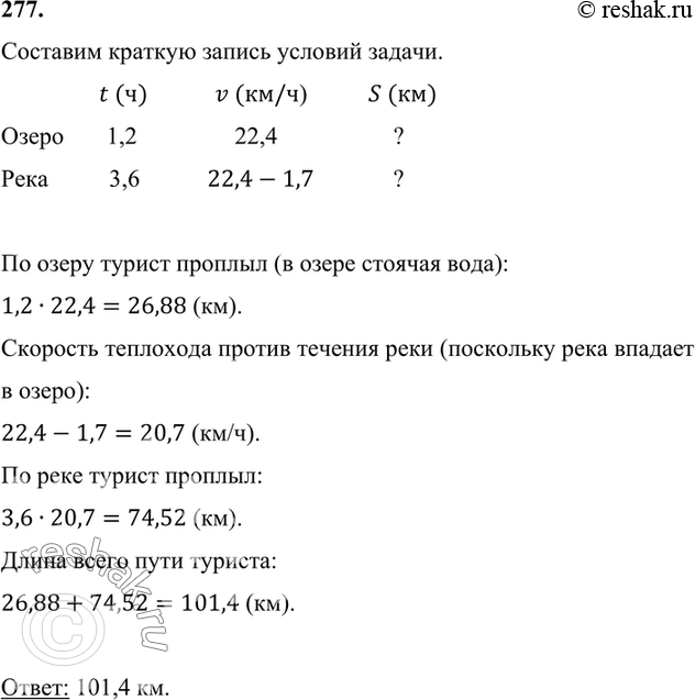 Турист плыл на теплоходе сначала 1,2 часа по озеру 3,6 часа …