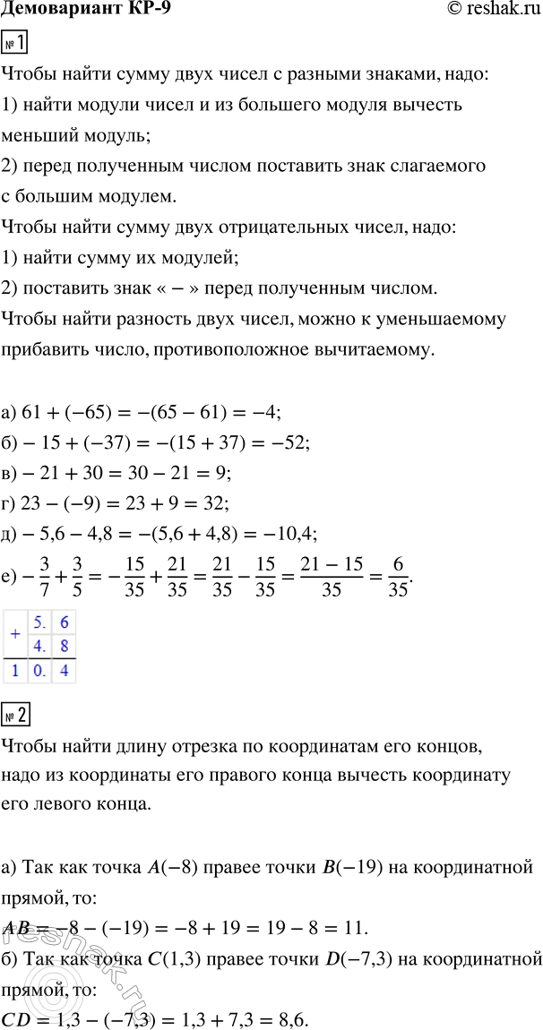 ����������� 1. ��������� ��������:�) 61 + (-65);    �) -21 + 30;    �) -5,6 - 4,8;�) -15 + (-37);   �) 23 - (-9);   �) -3/7 + 3/5.2. ������� ���������� ����� �������...