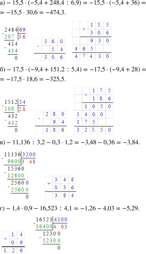 Изображение Вычислите: а) -15,5 · (-5,4 + 248,4 : 6,9);   в) -11,136 : 3,2 - 0,3 · 1,2; б) -17,5 · (-9,4 + 151,2 : 5,4);   г) -1,4 · 0,9 - 16,523 : 4,1. ...