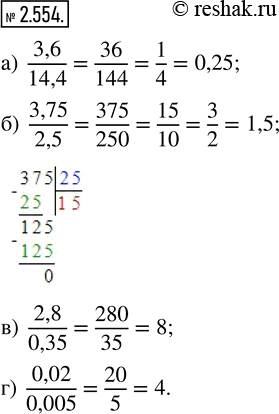 Изображение 2.554. Вычислите: а) 3,6/14,4;   б) 3,75/2,5;   в) 2,8/0,35;   г) 0,02/0,005.В числителе и знаменателе переносим запятую на равное количество знаков и выполняем...