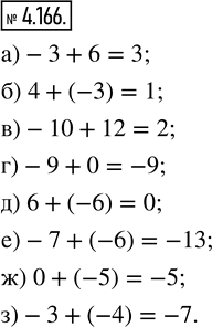 Изображение 4.166. Используя координатную прямую, найдите сумму чисел:а) -3 и 6;   в) -10 и 12;   д) 6 и -6;    ж) 0 и -5;б) 4 и -3;   г) -9 и 0;     е) -7 и -6;   з) -3 и...