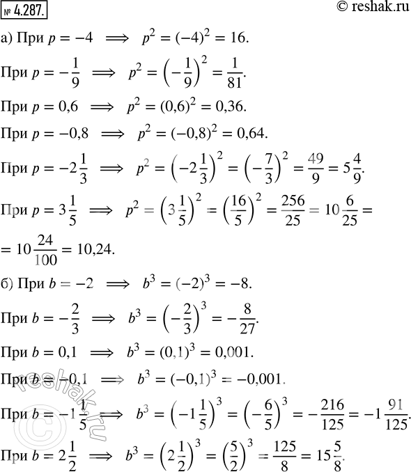  4.287.  : ) p^2  p = -4; p = -1/9; p = 0,6; p = -0,8; p = -2 1/3; p = 3 1/5; ) b^3  b = -2; b = -2/3; b = 0,1; b = -0,1; b = -1 1/5; b = 2...