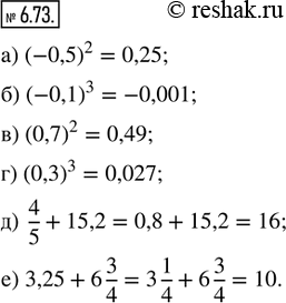  6.73.   :) (0,5)^2;   ) (-0,1)^3;   ) (0,7)^2;   ) (0,3)^3;   ) 4/5 + 15,2;   ) 3,25 + 6...