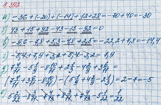 Изображение Вычислите наиболее удобным способом: а) -36 + (-20) + (-14) + 12 + 28;   г) -5,4 + 7,9 + 3,2 + 5,4 - 3,2; б) 43 + 15 + 92 - 43 - 15 -...