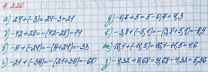 ����������� ������� �����:�) 24 + (-3);   �) -9 +	(-24);    �) -0,7 + 5;        �) 16,1 + (-11,5);�) -42 + 28;    �) -21 � (-39);   �) -3,8 + (-5,1);   �) -4,32 + 9,68.���...