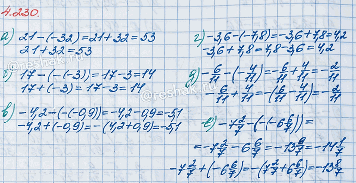 ����������� ��������� ��������� n - (-m) = n + m ���:�) n = 21, m = 32;   �) n = -4,2, m = -0,9;   �) n = -6/11, m = 4/11;�) n = 17, m = -3;   �) n = -3,6, m = 7,8;    �) n = -7...