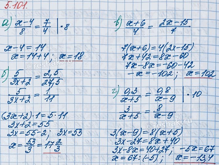 ����������� ������� ����������� ���� ���������:�) (x-4)/8 = 7/4;         �) (x+6)/4 = (2x-15)/7; �) 5/(3x+2) = 2,5/27,5;   �) 0,3/(x+5) = 0,8/(x-9).�������� ��������...