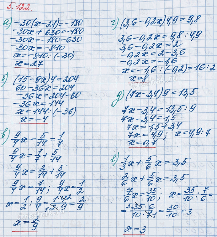 ����������� ������� ������ ��������� � ��������� ��������:�) �30(x - 21) = -180;   �) (3,6 - 0,2x)4,9 = 9,8:�) (15 - 9x)4 = 204;     �) (7x - 3,4)9 = 13,5;�) 9/4 x - 5/14 =...