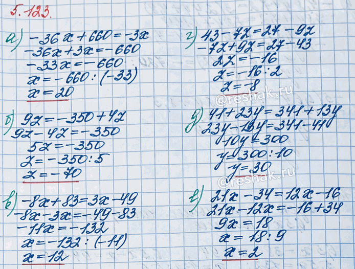 ����������� ������ ���������:�) -36x + 660 = -3x;   �) -8x + 83 = 3x - 49;   �) 41 + 23y = 341 + 13y;�) 9z = -350 + 4z;     �) 43 - 7z = 27 - 9z;    �) 21x - 34 = 12x -...