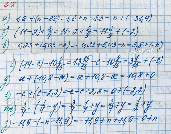 ����������� ��������� ���������:			�) 1,6 + (n - 33);         �) (14 - �) - 10 8/15;   �) 3/4 - (1/4 - y);�) (11 - z) + 2/9;         �) x + (10,8	- x);       �) -11,9 - (-n -...