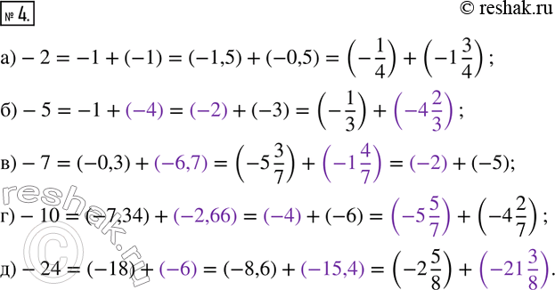 4.           .)-2=-1+(-1)=(-1,5)+(-0,5)=(-1/4)+(-1 3/4);...