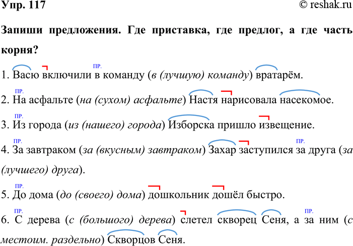 Изображение Упр. 117  Запиши предложения. Где приставка, где предлог, а где часть корня?  1. Васю включили в...