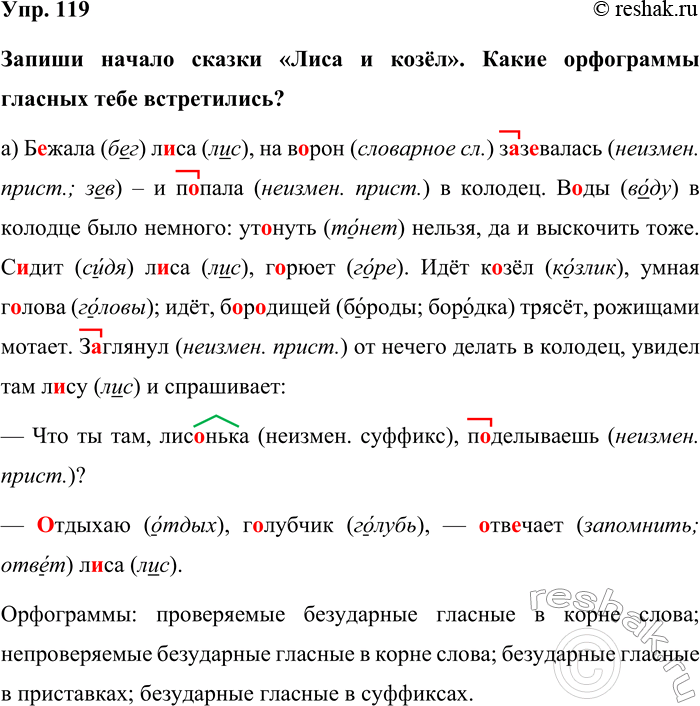 Изображение Упр. 119  Запиши начало сказки «Лиса и козёл». Какие орфограммы гласных тебе встретились?  а)...