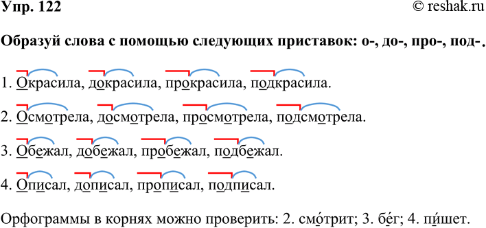 Изображение Упр. 122  Образуй слова с помощью следующих приставок: о-, до-, про-, под-.  1. Окрасила, докрасила,...
