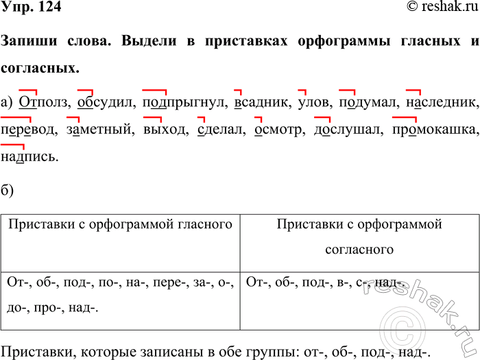 Изображение Упр. 124  Запиши слова. Выдели в приставках орфограммы гласных и согласных.  а) Отполз, обсудил,...