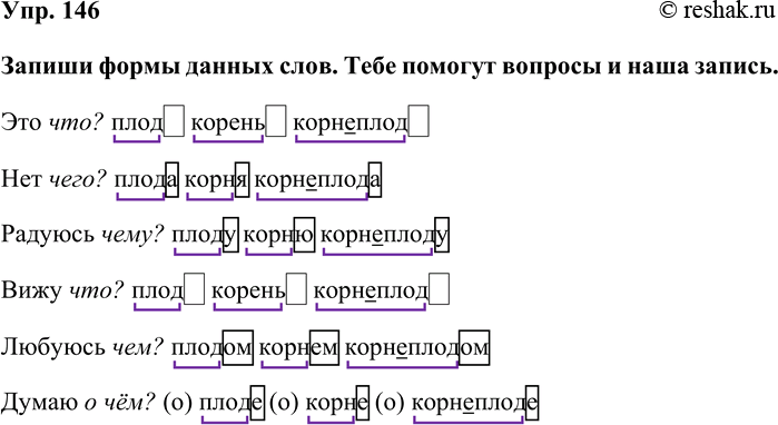 Изображение Упр. 146  Запиши формы данных слов. Тебе помогут вопросы и наша запись.   Это что? плод... корень......