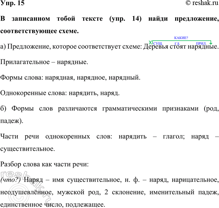 Изображение Упр. 15  В записанном тобой тексте (упр. 14) найди предложение, соответствующее схеме.  а)...